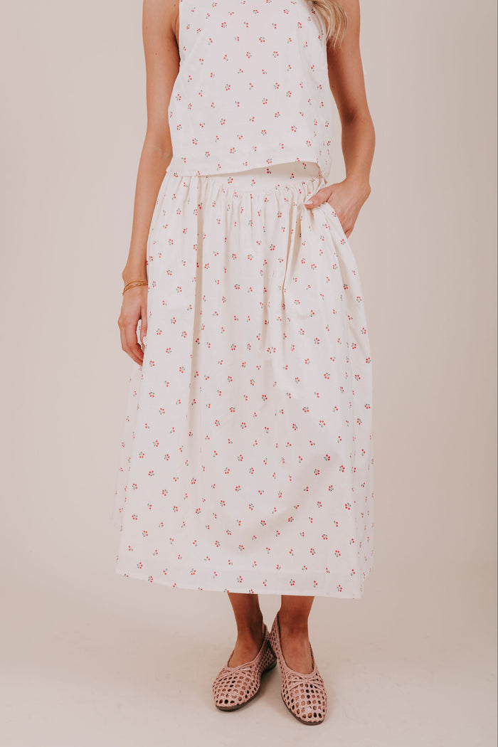 cherry tied full midi skirt with pocket front