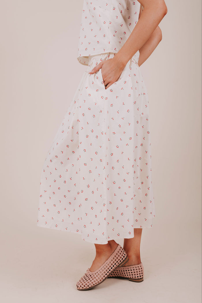 cherry tied full midi skirt with pockets side