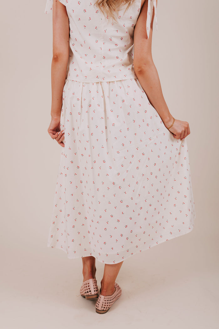 cherry tied full midi skirt with pockets back