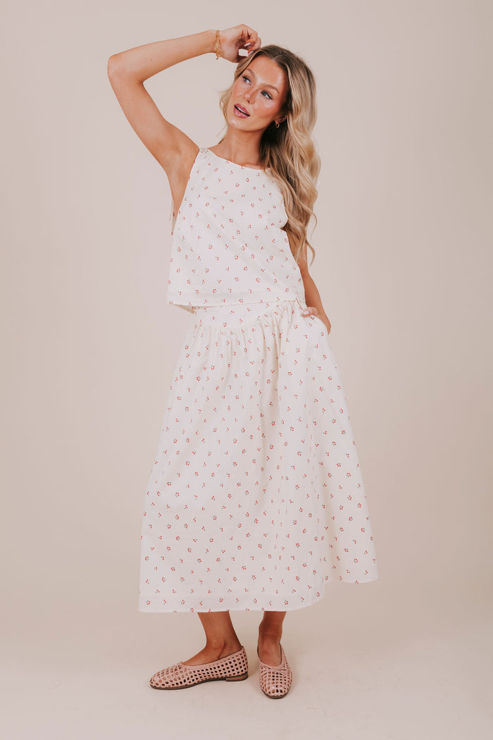 cherry tied full midi skirt with pockets full