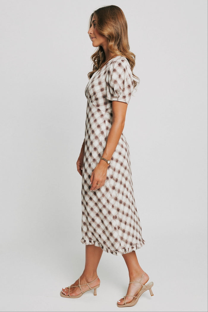 brown plaid v neck midi dress with ruffled trim