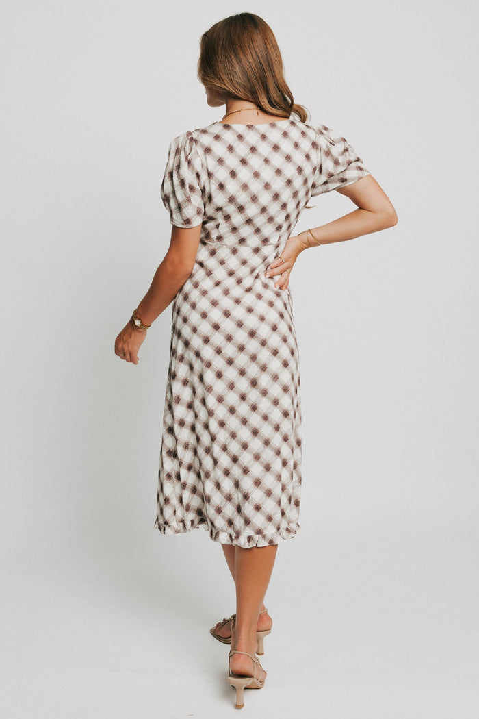 brown plaid v neck midi dress with ruffled trim