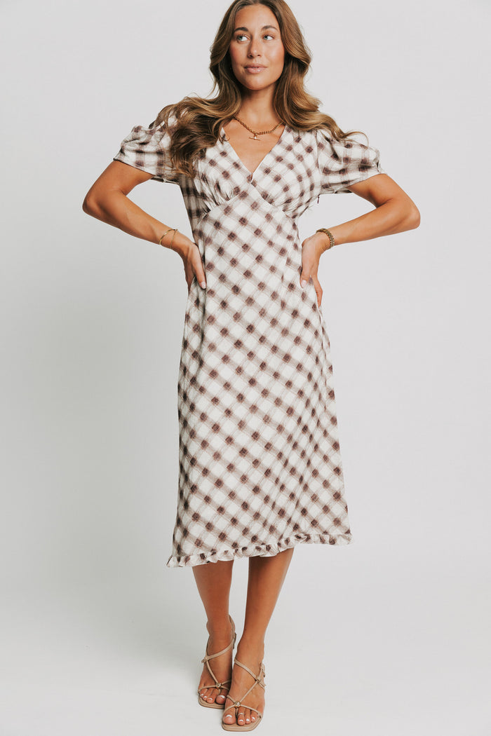 brown plaid v neck midi dress with ruffled trim