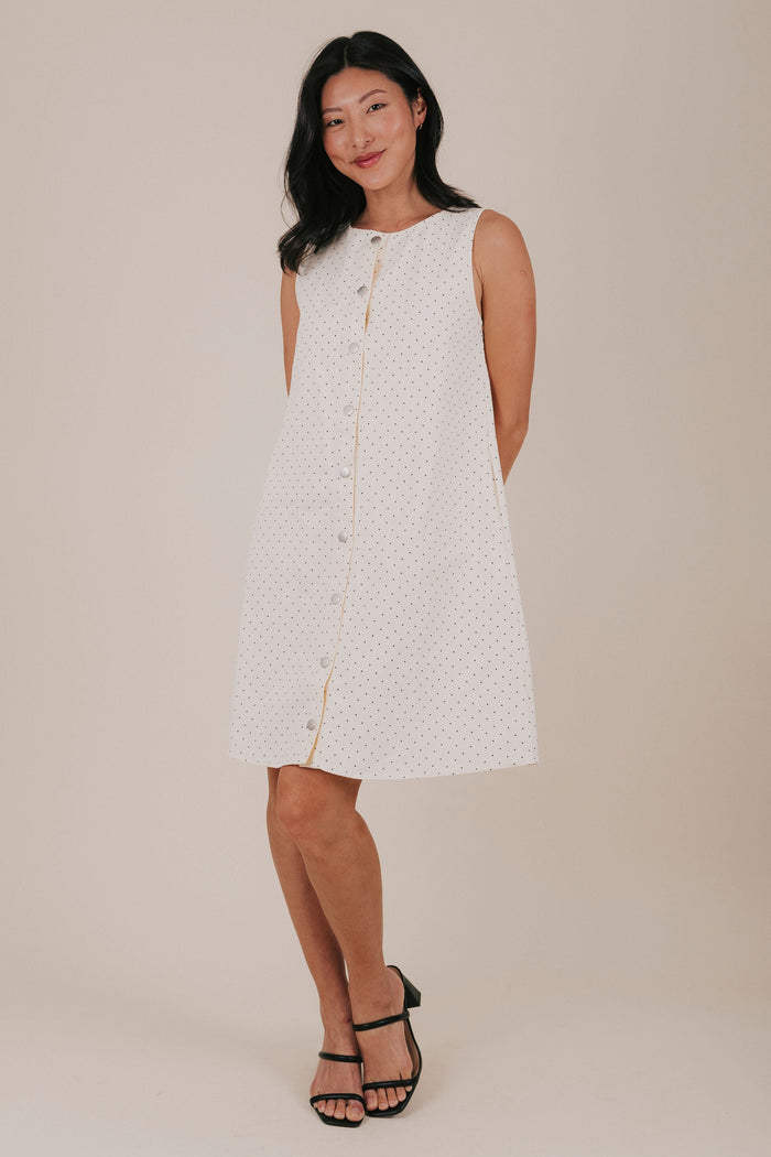 button down polka dot knee length dress full