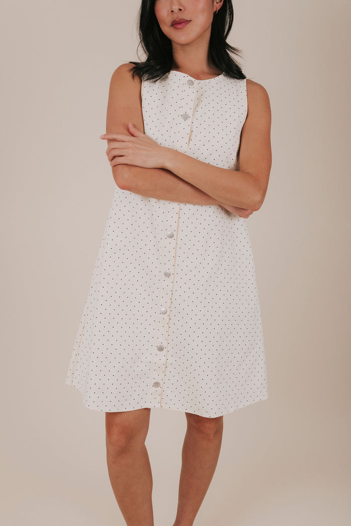 button down polka dot knee length dress detail