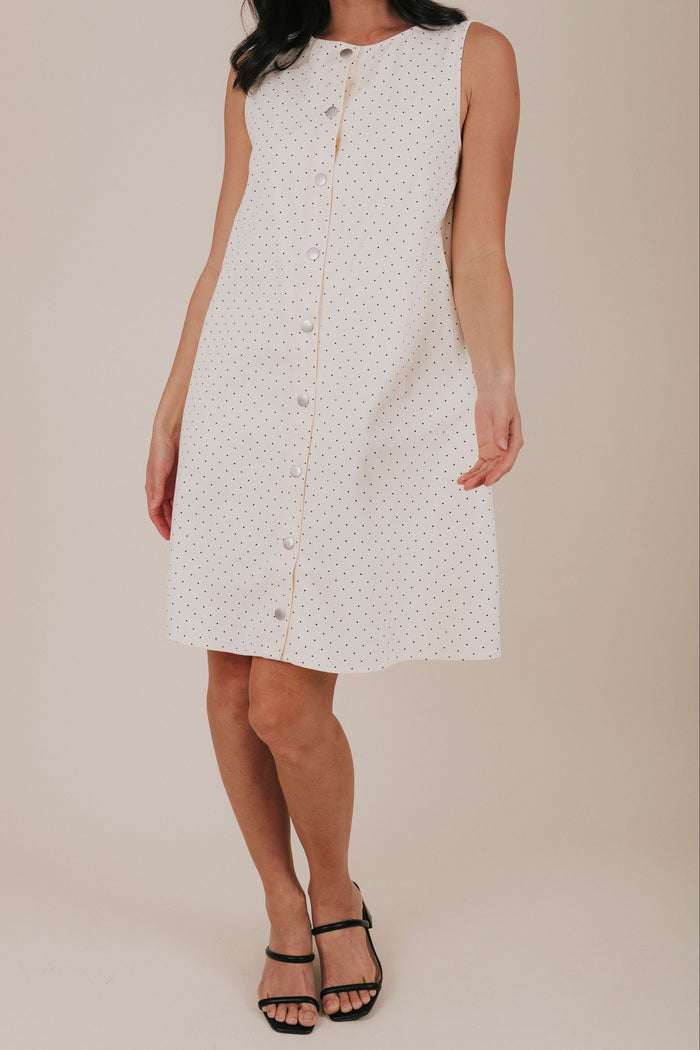 button down polka dot knee length dress front