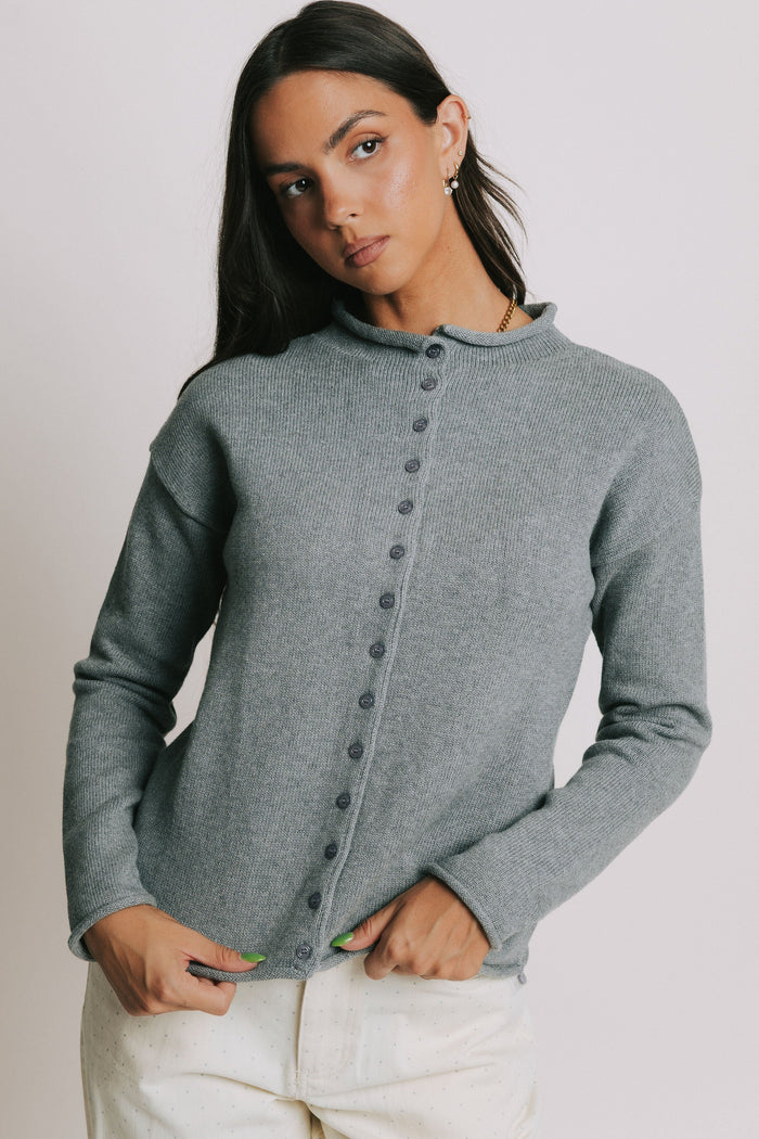 knit cardigan with rolled edges and buttons