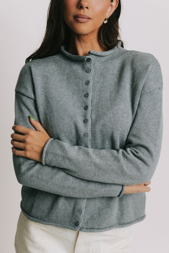 knit cardigan with rolled edges and buttons front
