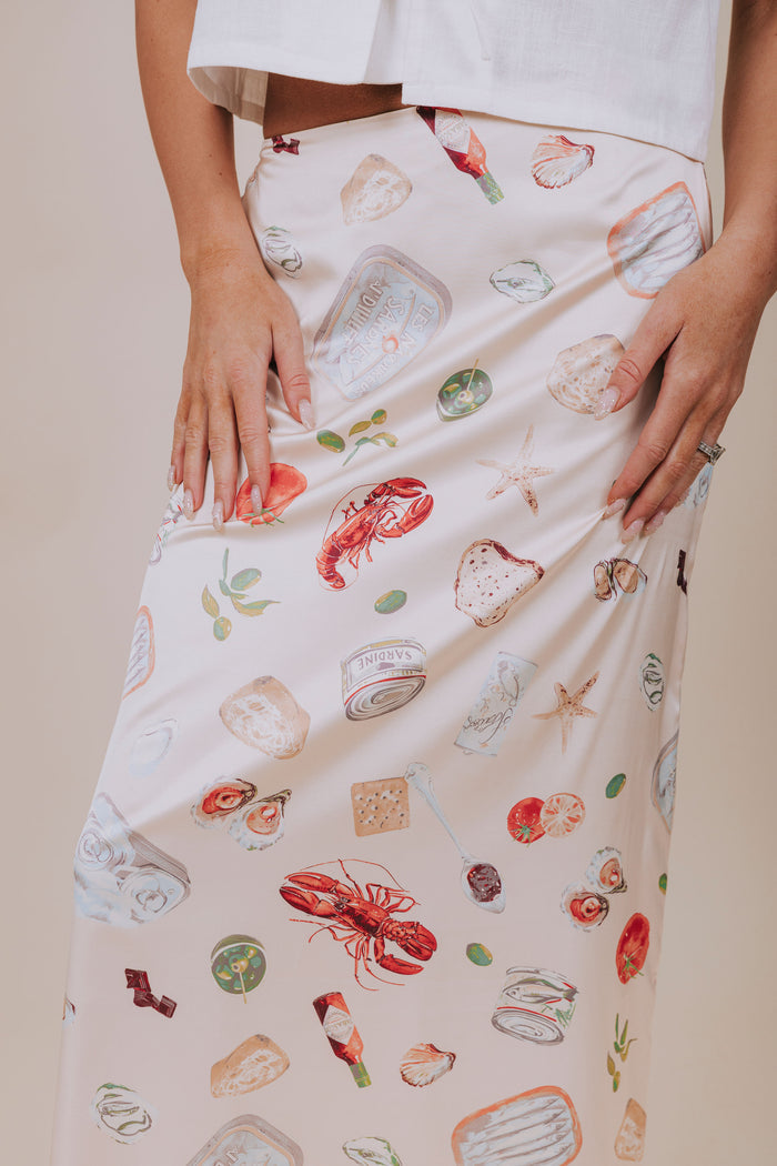 coastal print satin midi skirt detail