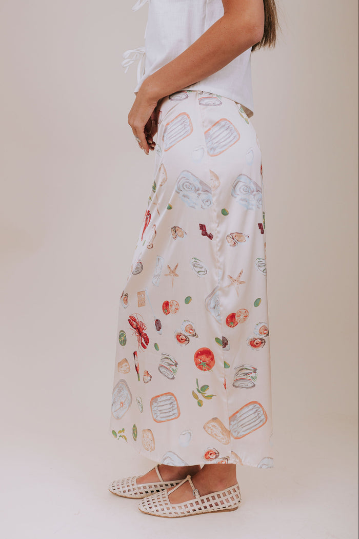 coastal print satin midi skirt side