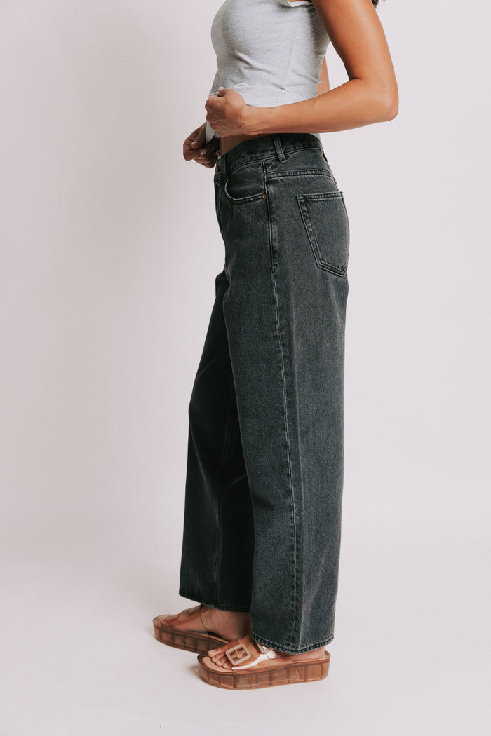 washed black straight leg jeans side