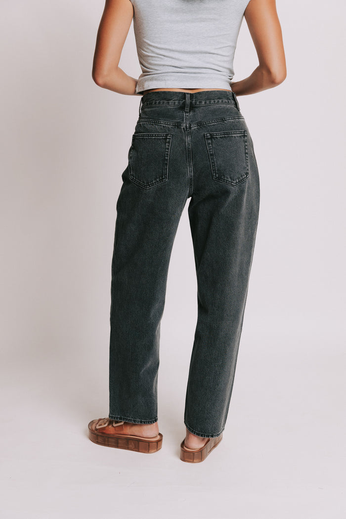 washed black straight leg jeans back