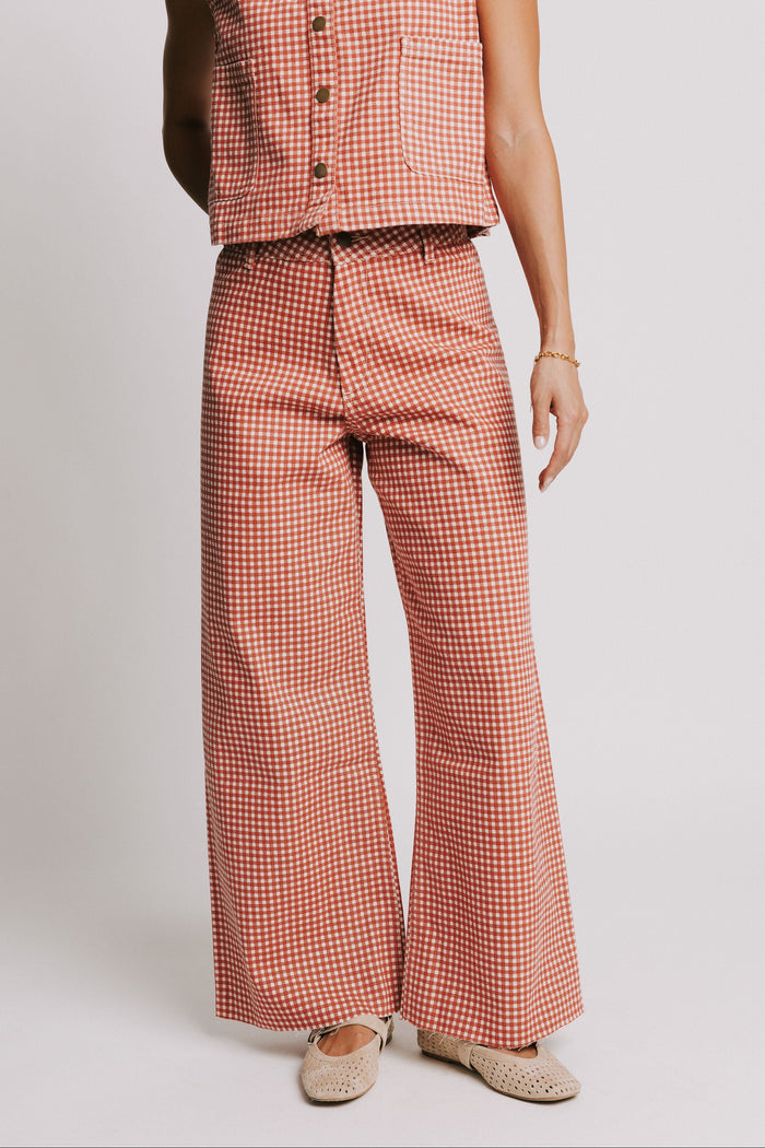 red gingham wide leg denim jeans