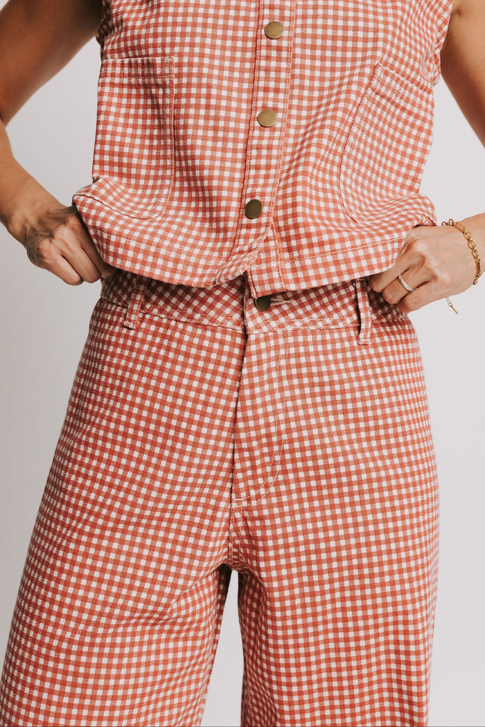 red gingham wide leg denim jeans