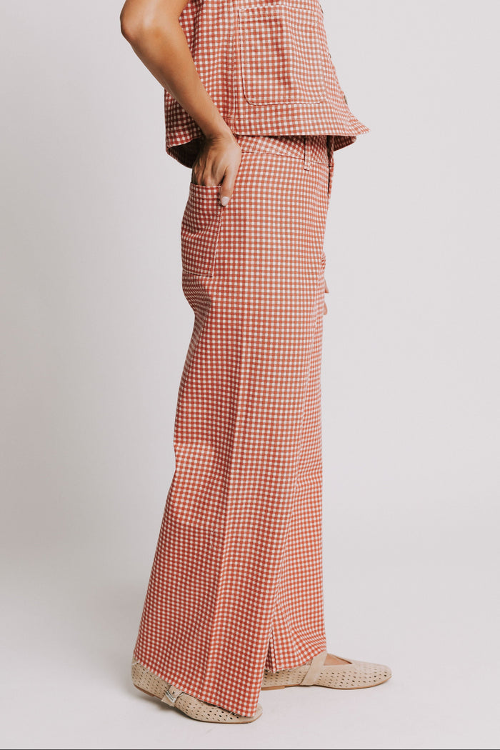 red gingham wide leg denim jeans side