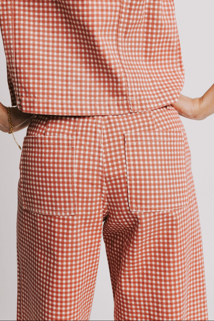 red gingham wide leg denim jeans back