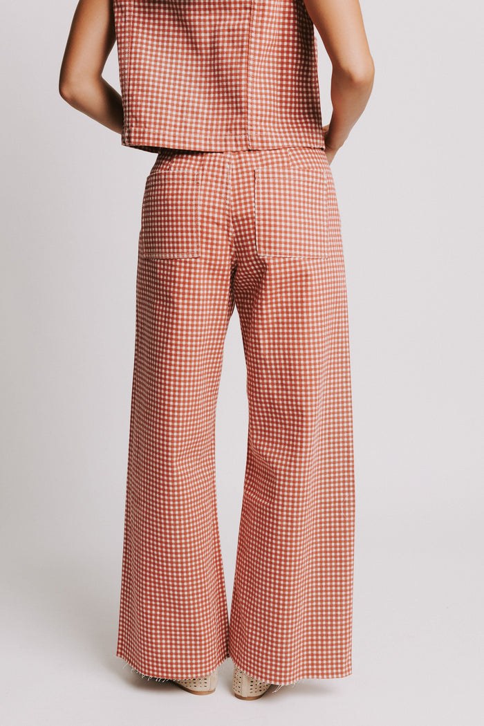 red gingham wide leg denim jeans back full