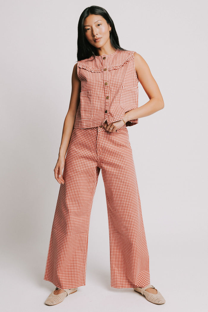red gingham wide leg denim jeans full set