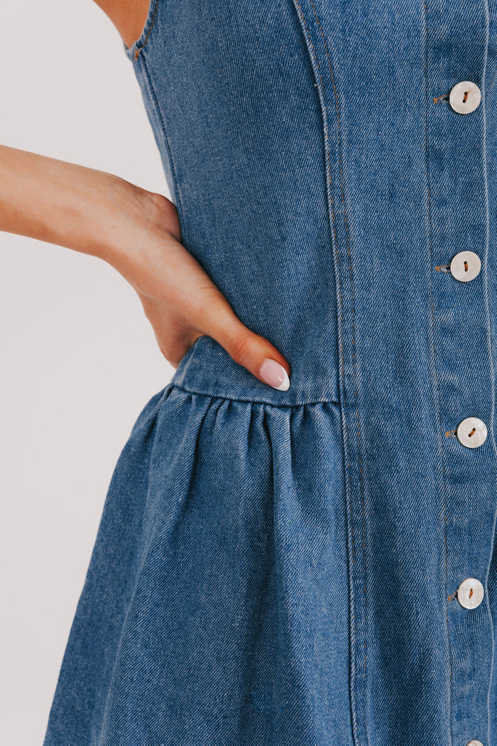 denim tank mini dress with buttons waistline