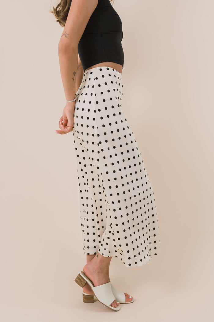 Black and white polka dot satin skirt. Midi maxi length high waisted fully lined