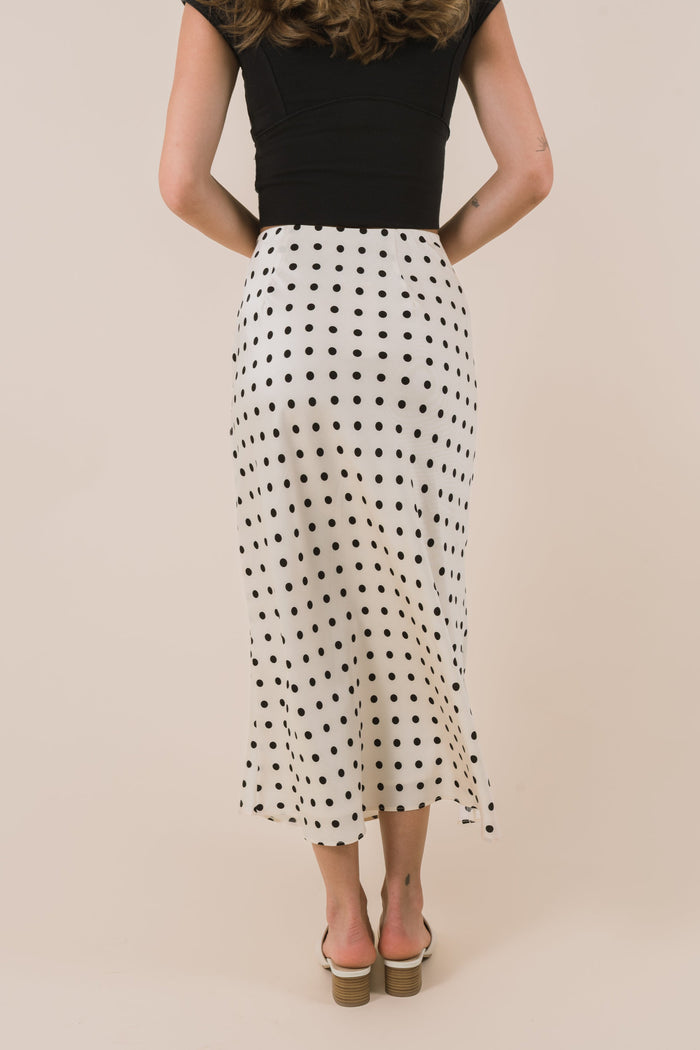 Black and white polka dot satin skirt. Midi maxi length high waisted fully lined