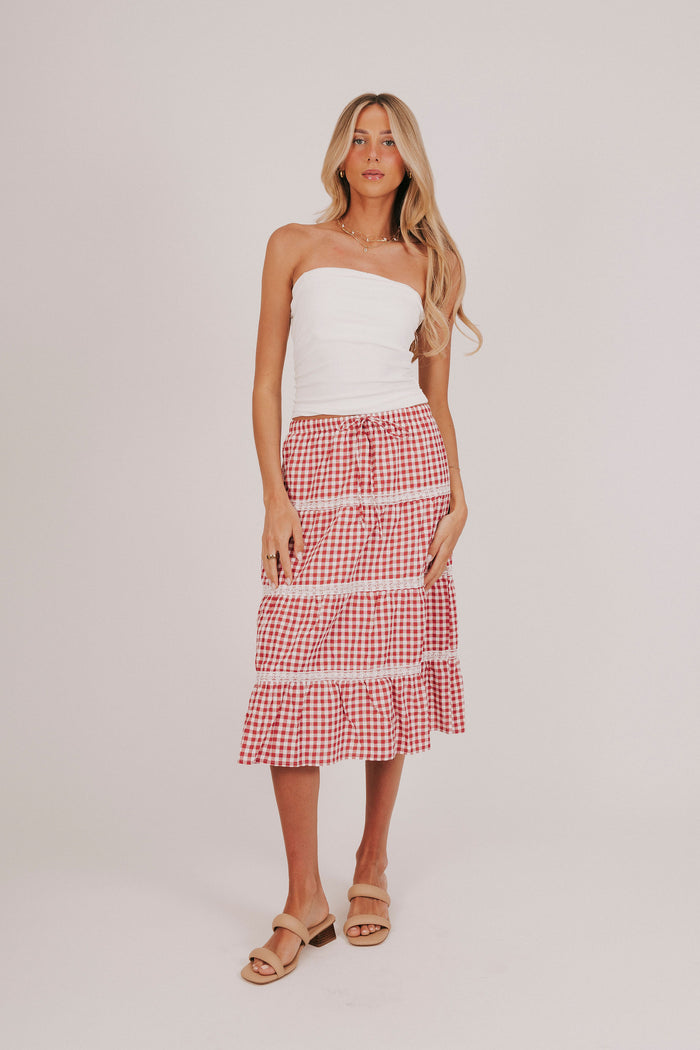 Red and white gingham midi skirt with lace trimmed tiers and a tied bow