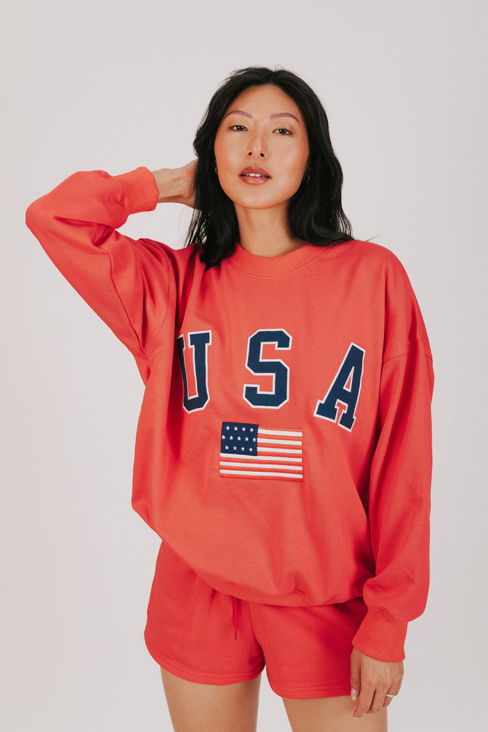 red sweatshirt with USA and the flag