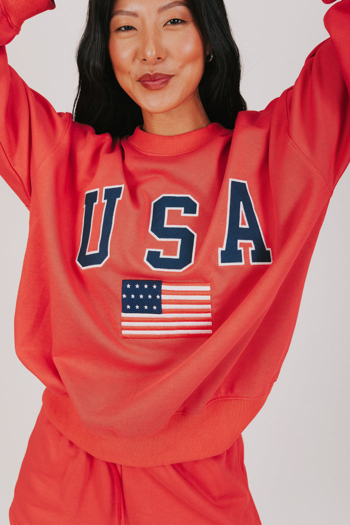 red sweatshirt with USA and the flag