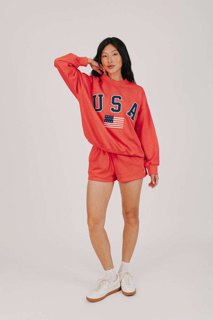 red sweatshirt with USA and the flag