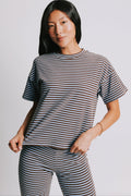 blue and brown striped short sleeve top