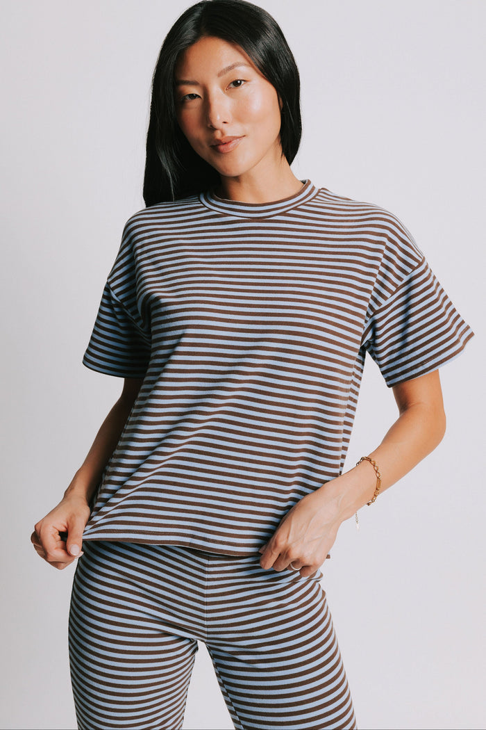 blue and brown striped short sleeve top