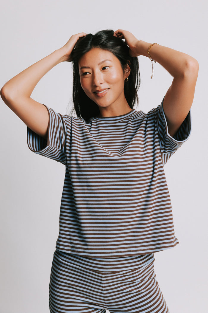blue and brown striped short sleeve top front