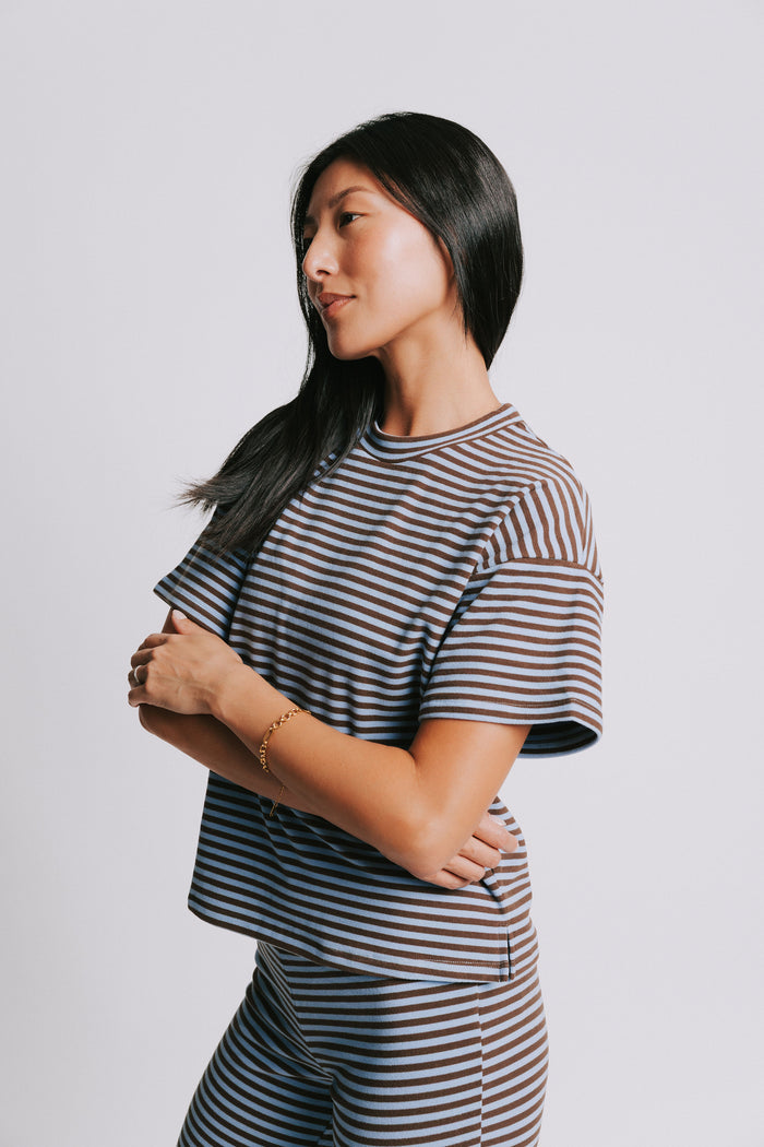 blue and brown striped short sleeve top side