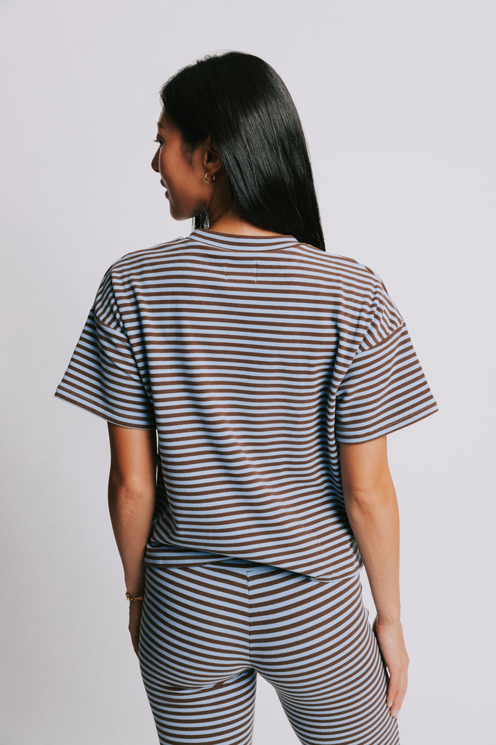blue and brown striped short sleeve top back