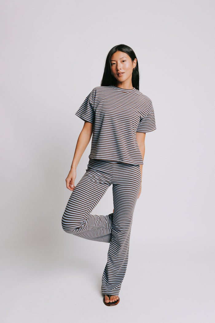 blue and brown striped short sleeve top full set