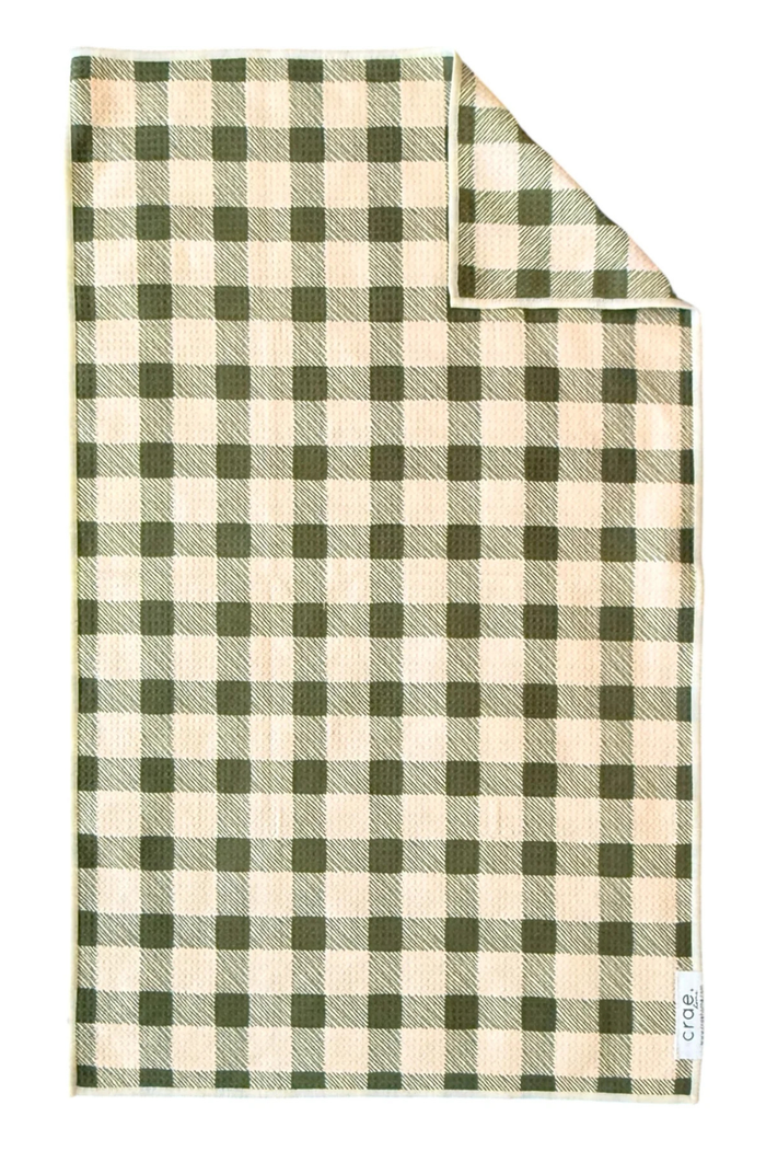 Green and beige plaid microfiber hand towel