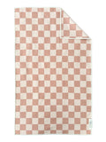 A double-sided hand towel with a light pink taupe checkered design, made of high-absorbent waffle weave and microfiber material.