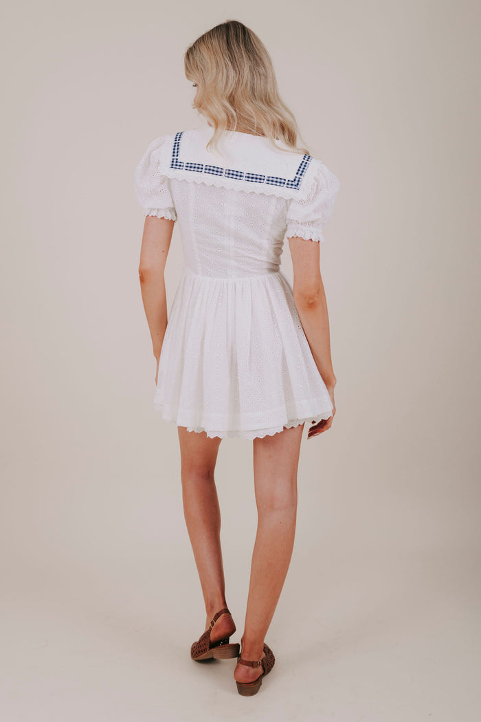 white eyelet scallop collar mini dress back