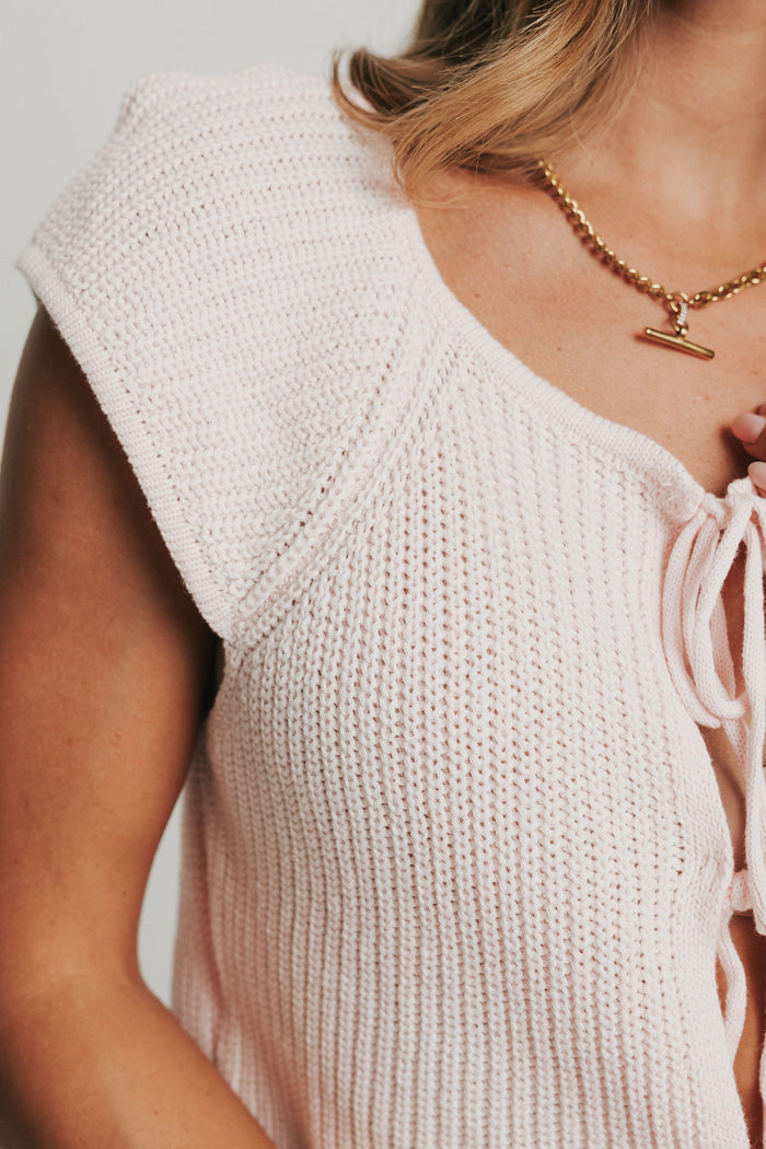 knit top with open front tied bows pink