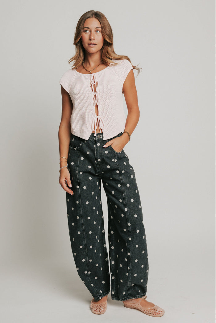 knit top with open front tied bows pink