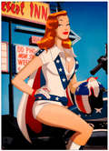 a stunt woman wearing a white suit with a cape. she is sat on a motorcycle with her hand resting on a helmet.