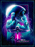 An eye-catching art print featuring the character Moon Knight completed in blues, pinks, and purples.