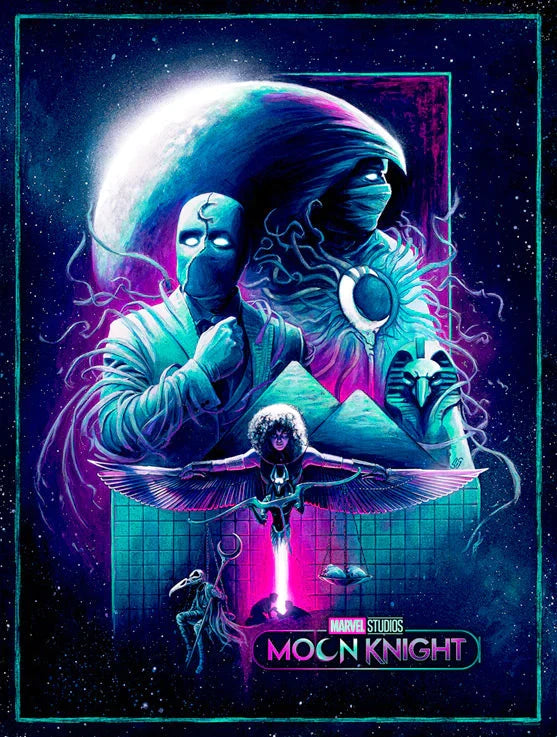 An eye-catching art print featuring the character Moon Knight completed in blues, pinks, and purples.