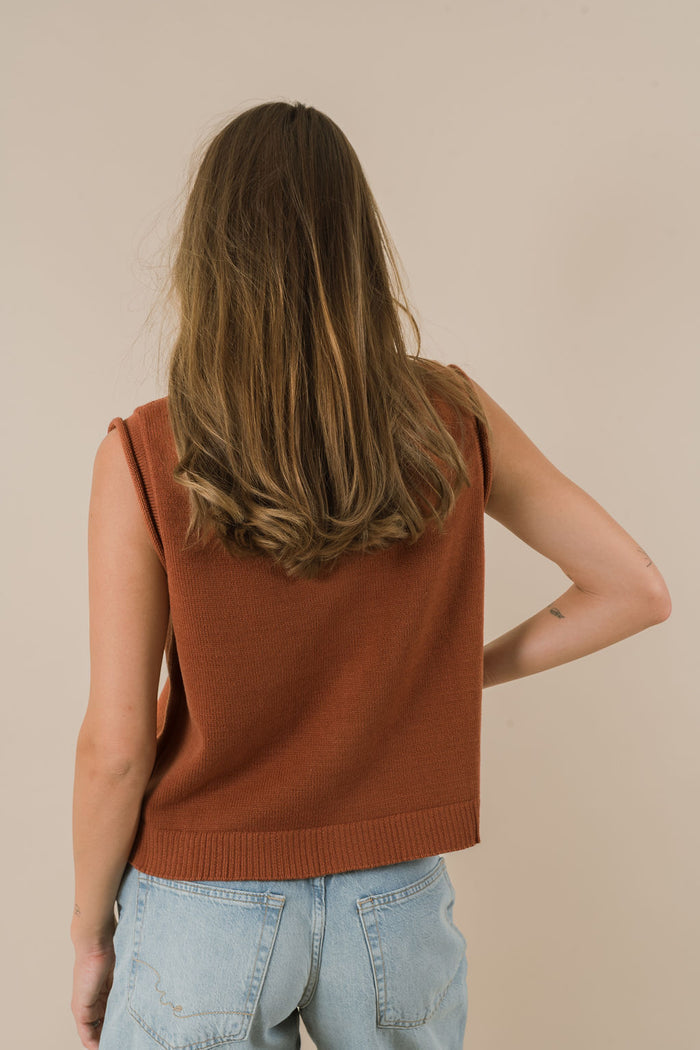 Person wearing a brown sleeveless sweater against a beige background