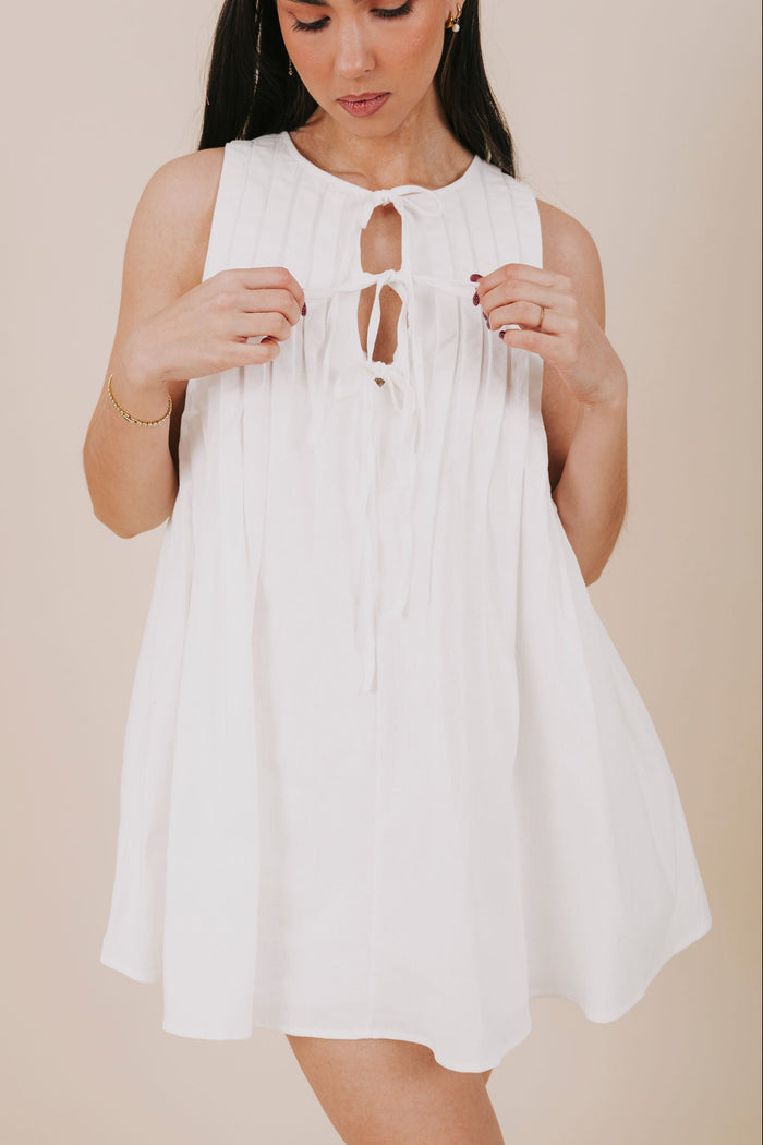 off white pleated bow mini dress detail