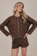 brown black polka dot button up loungewear top front 2