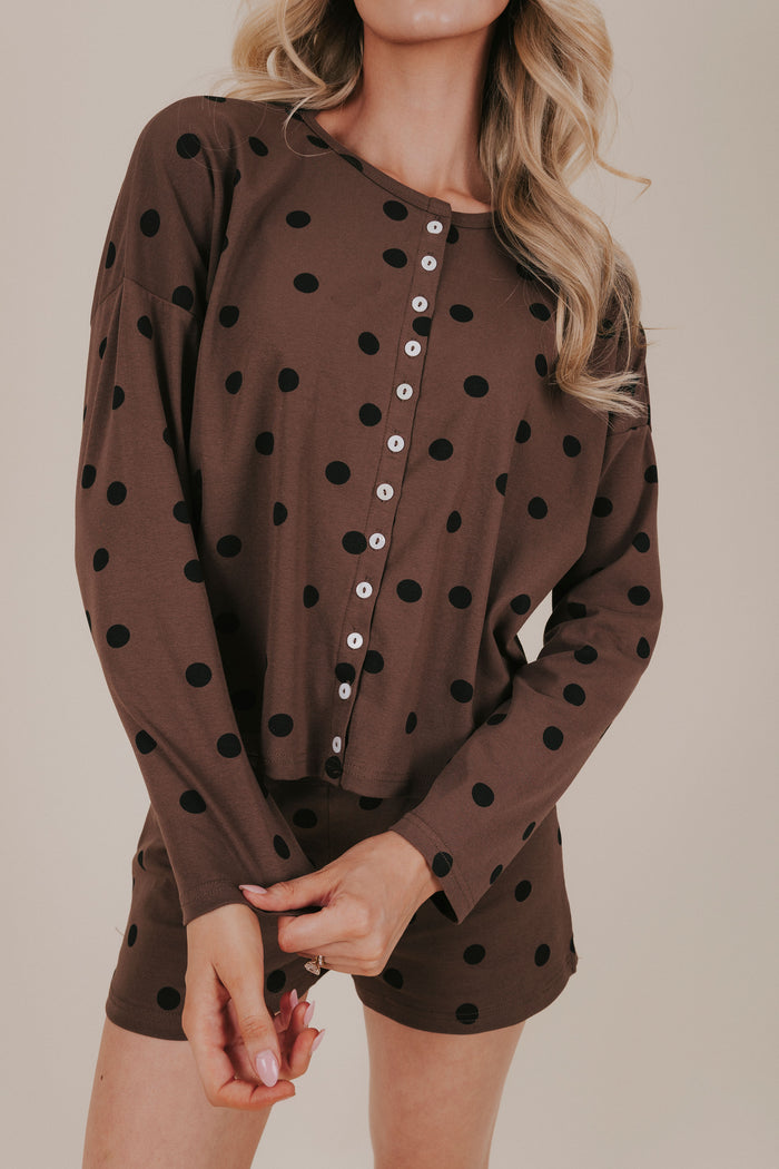 brown black polka dot button up loungewear top detail
