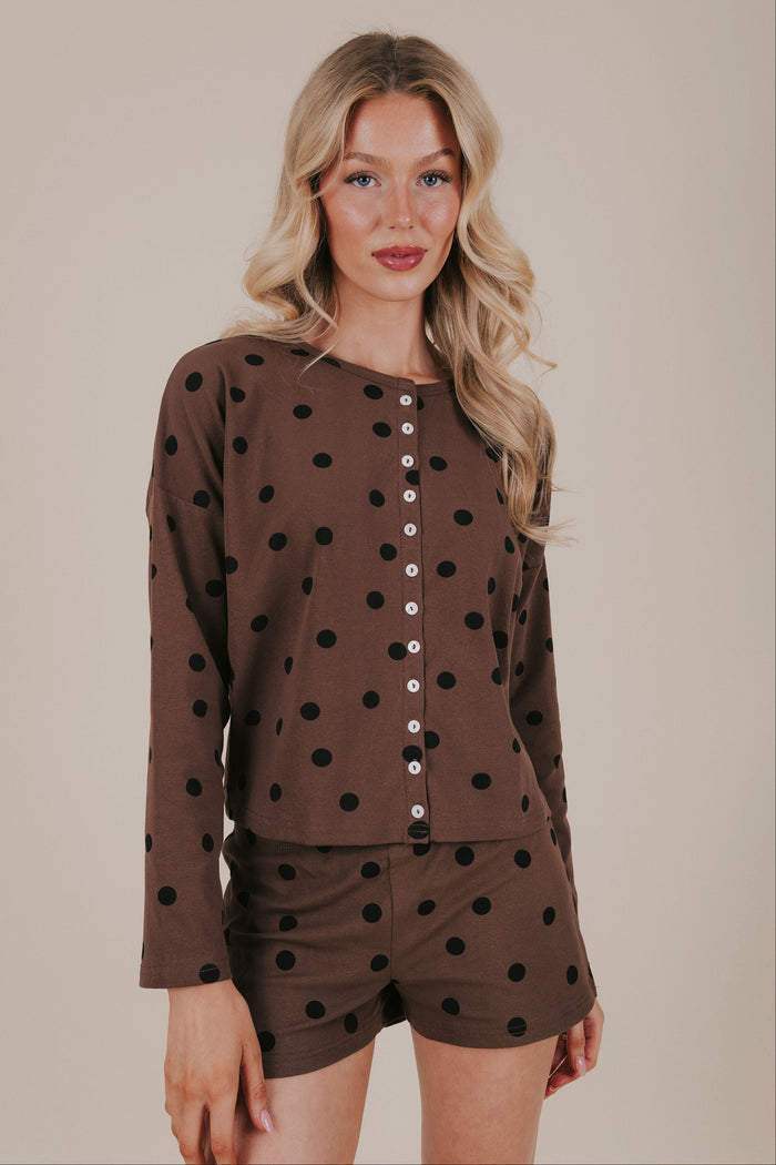 brown black polka dot button up loungewear top front