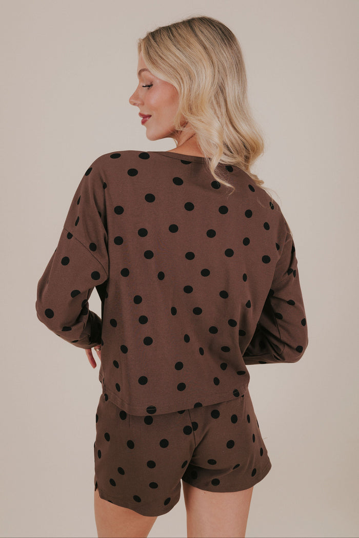 brown black polka dot button up loungewear top back