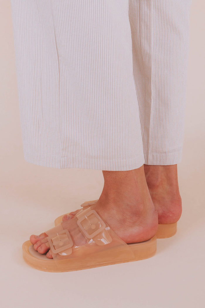 Side shot of Dolce Vita praline sandals with buckles/slide on